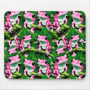 Pink Frog On Green Leaf Pattern Design  Mouse Pad
