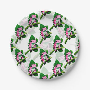 Pink Frog On Green Leaf Pattern Design Paper Plate