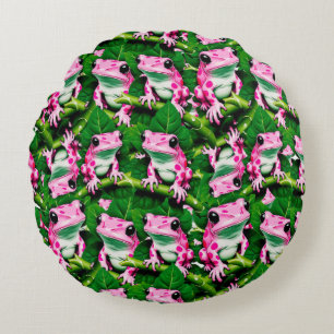 Pink Frog On Green Leaf Pattern Design  Round Pillow