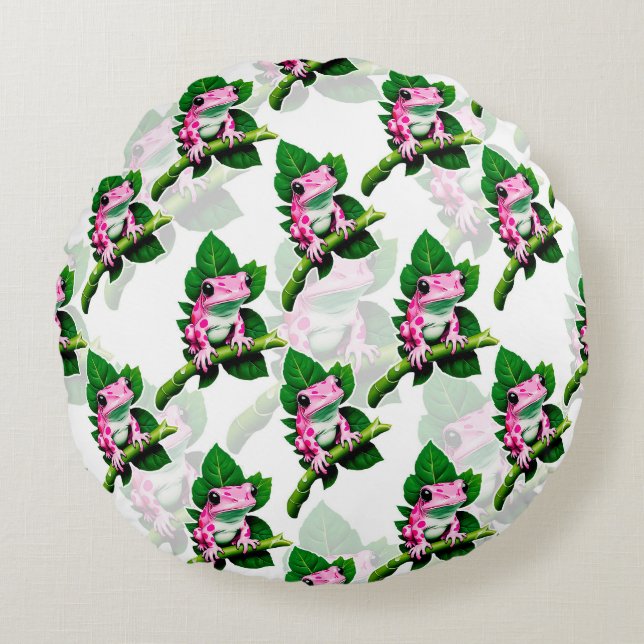 Pink Frog On Green Leaf Pattern Design Round Pillow (Front)