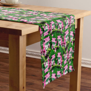 Pink Frog On Green Leaf Pattern Design Short Table Runner