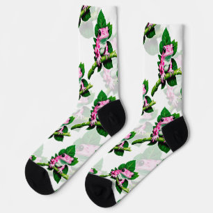 Pink Frog On Green Leaf Pattern Design Socks