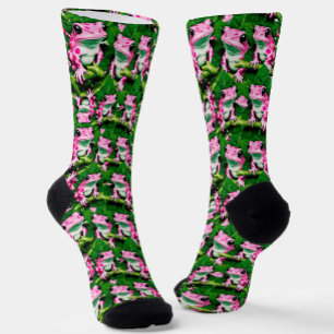 Pink Frog On Green Leaf Pattern Design Socks