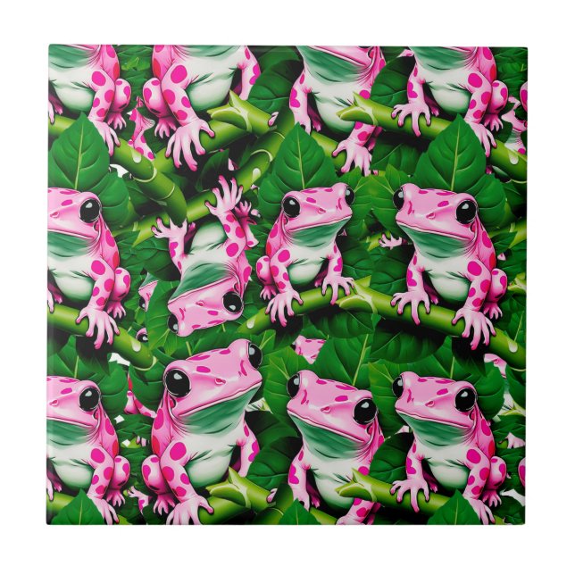 Pink Frog On Green Leaf Pattern Design  Tile (Front)