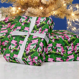 Pink Frog On Green Leaf Pattern Design  Wrapping Paper