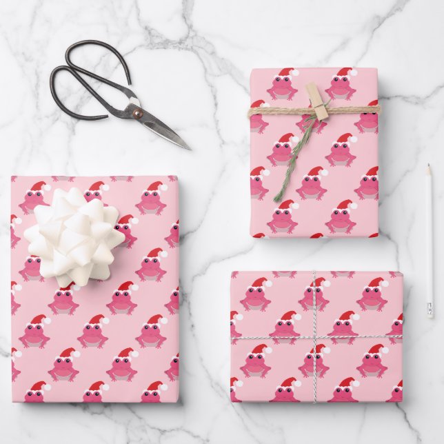 Pink Frog Santa Hat Cartoon Novelty Christmas Wrapping Paper Sheet (Front)