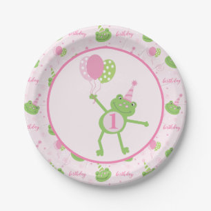 Pink Frog with Balloons Girl Birthday Party Paper Plate