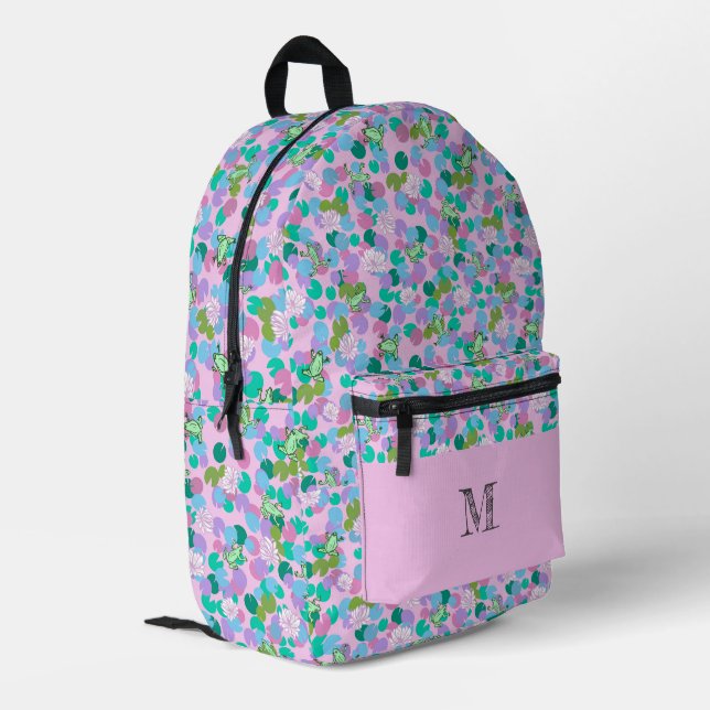 Pink Frogs Pattern Personalized Monogram Printed Backpack (Back Corner Left)