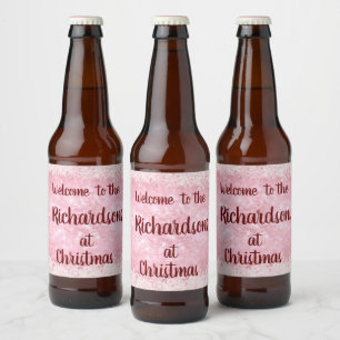 Pink frost personalised Family Christmas Welcome Beer Bottle Label