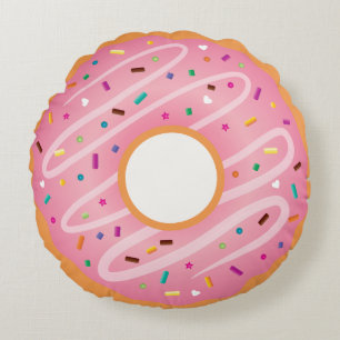 Pink Frosted and Chocolate Doughnut with Sprinkles Round Pillow
