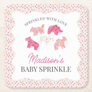 Pink Frosted Animal Cookies Baby Sprinkle Square Paper Coaster