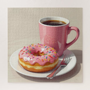 Pink Frosted Donut and Coffee  Jigsaw Puzzle