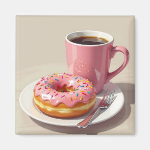Pink Frosted Donut and Coffee  Magnet