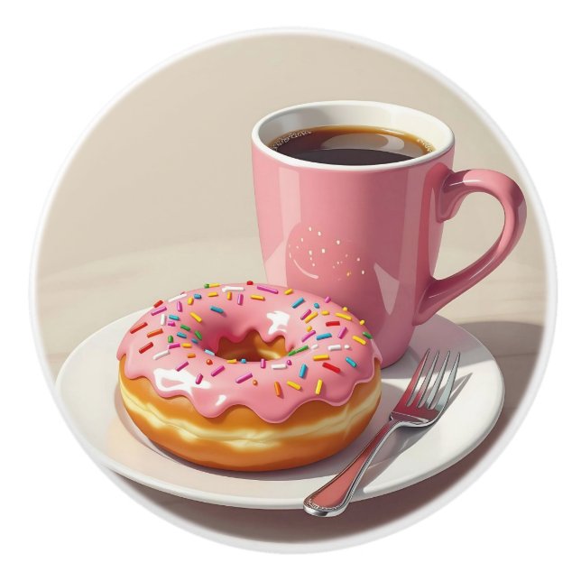 Pink Frosted Doughnut and Coffee Cup Ceramic Knob (Front)
