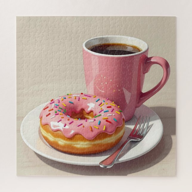 Pink Frosted Doughnut and Coffee  Jigsaw Puzzle (Vertical)