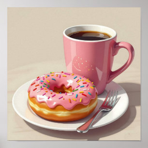 Pink Frosted Doughnut and Coffee  Poster