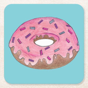 Pink Frosted Doughnut Sprinkles Doughnut Junk Food Square Paper Coaster