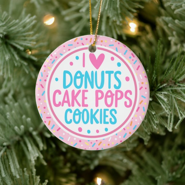Pink Frosted Sprinkles I Love Doughnuts Cake Pop Ceramic Ornament (Tree)