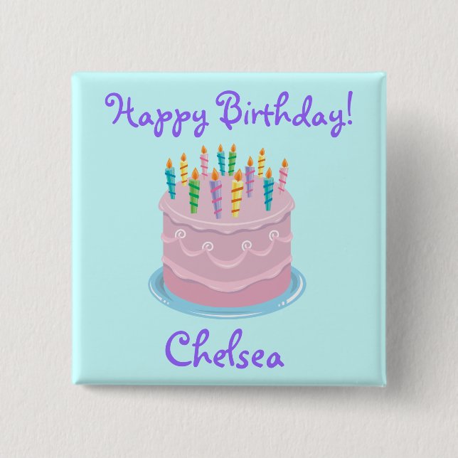 Pink Frosting Birthday Cake personalized 2 Inch Square Button (Front)