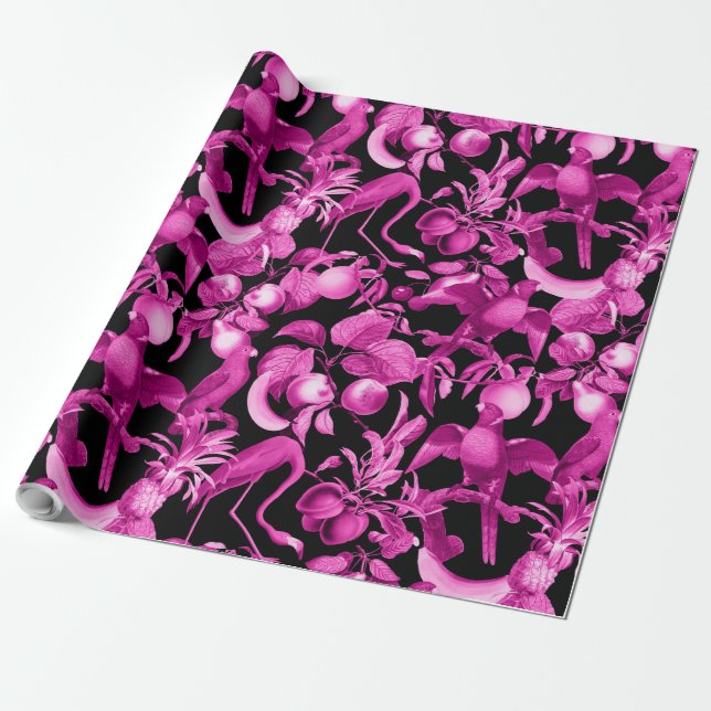 Pink Fruits And Flamingos Pattern Wrapping Paper (Unrolled)