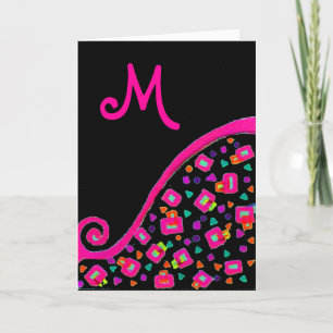 PINK FUCHSIA BLACK ABSTRACT DECO MONOGRAM HOLIDAY CARD
