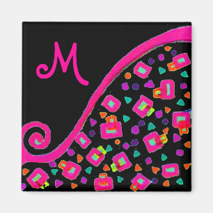 PINK FUCHSIA BLACK ABSTRACT DECO MONOGRAM MAGNET