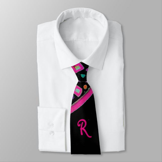 PINK FUCHSIA BLACK ABSTRACT DECO MONOGRAM TIE (Tied)