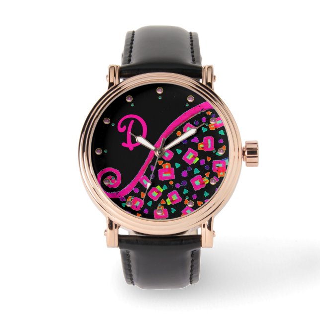 PINK FUCHSIA BLACK ABSTRACT DECO MONOGRAM WATCH (Front)