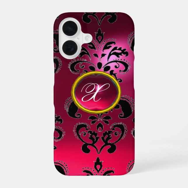 PINK FUCHSIA BLACK DAMASK GEMSTONE MONOGRAM iPhone 16 CASE (Back)