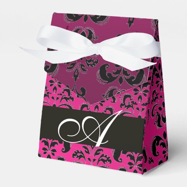 PINK, FUCHSIA BLACK,PURPLE DAMASK WEDDING MONOGRAM FAVOR BOX (Front Side)