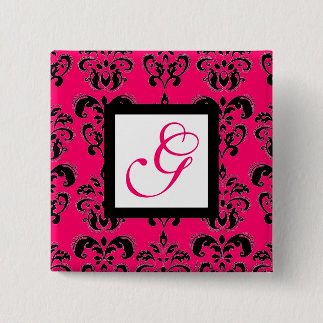 PINK FUCHSIA DAMASK WHITE SQUARE MONOGRAM 2 INCH SQUARE BUTTON (Front)