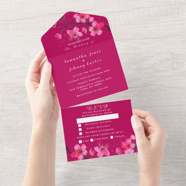 Pink Fuchsia Floral Cherry Blossom Wedding  All In One Invitation (Tearaway)