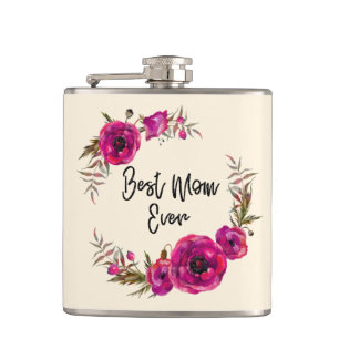 Pink Fuchsia Floral Poppies Wreath Best Mom Ever Hip Flask