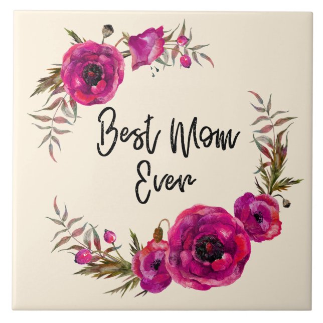 Pink Fuchsia Floral Poppies Wreath Best Mom Ever Tile (Front)