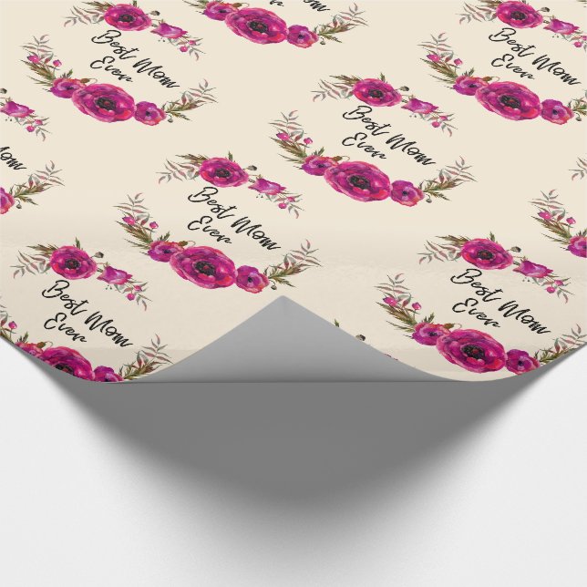 Pink Fuchsia Floral Poppies Wreath Best Mom Ever Wrapping Paper (Corner)