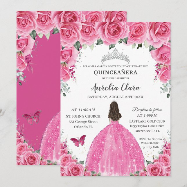 Pink Fuchsia Floral Silver Quinceañera Princess XV Invitation (Front/Back)
