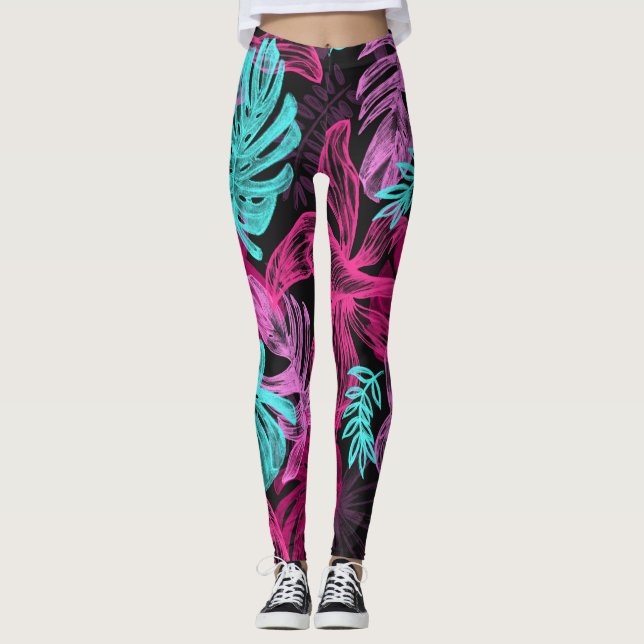 Pink Fuchsia Green Leaves Pattern Leggings (Front)