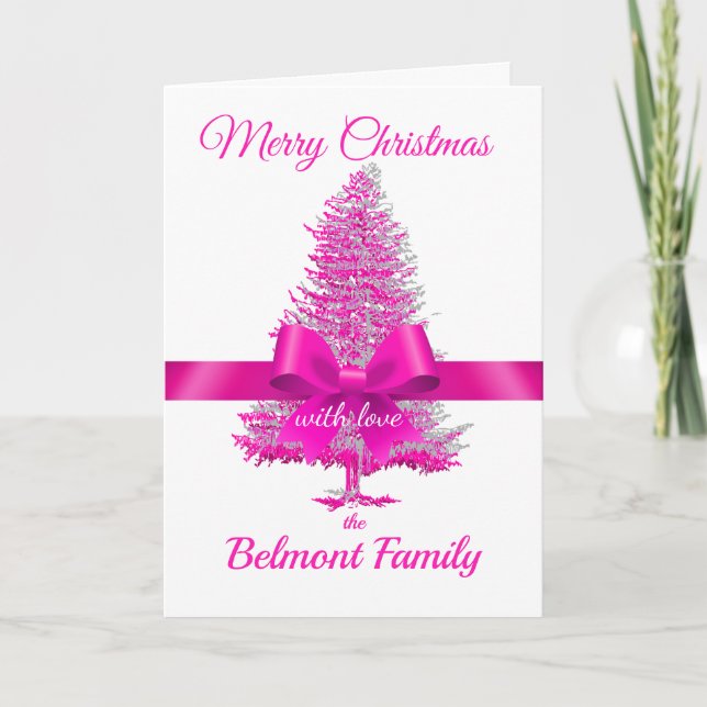 Pink Fuchsia Holiday Tree Ribbon Bow Custom Name Card (Front)