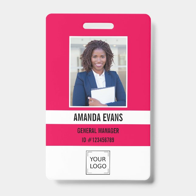 Pink Fuchsia Photo Employee Logo  QR CODE Security Badge (Front)