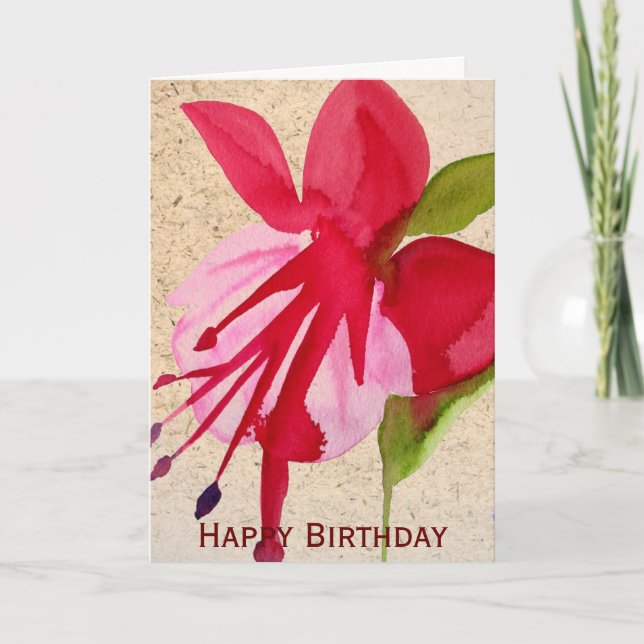 Pink Fuchsia pop art watercolour flower birthday Card (Front)