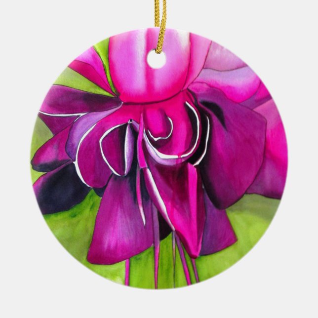 Pink Fuchsia pop art watercolour flower Ceramic Ornament (Front)