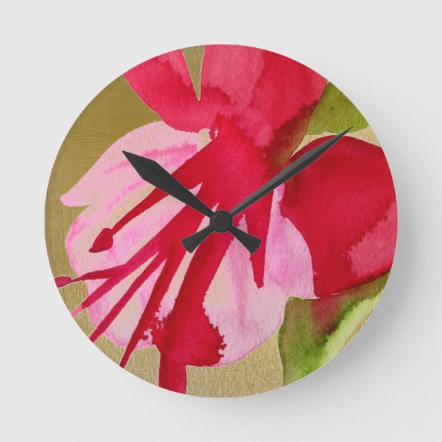 Pink Fuchsia pop art watercolour flower Round Clock (Front)