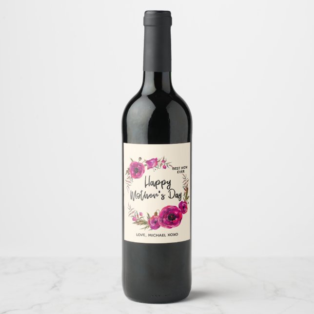 Pink Fuchsia Poppies  Best Mom Ever - Mother's Day Wine Label (Front)