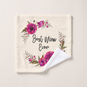 Pink Fuchsia Poppy Wreath  Best Mom Ever Bath Towel Set