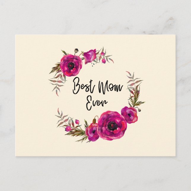 Pink Fuchsia Poppy Wreath  Best Mom Ever Postcard (Front)