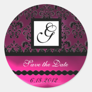 PINK FUCHSIA PURPLE DAMASK SQUARE MONOGRAM, violet Classic Round Sticker