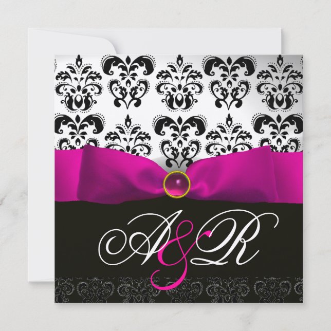 PINK FUCHSIA RIBBON WHITE BLACK  DAMASK MONOGRAM INVITATION (Front)