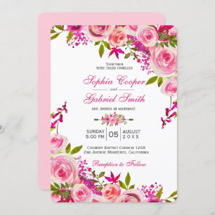 Pink Fuchsia Rose Botanical Floral Wedding Invitation