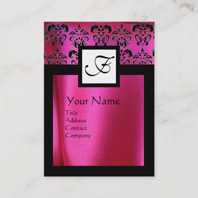 PINK FUCHSIA SILK DAMASK CLOTH ,SQUARE MONOGRAM BUSINESS CARD (Front)
