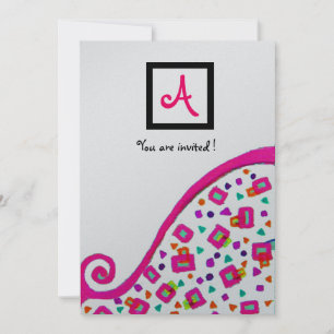 PINK FUCHSIA SILVER ABSTRACT DECO SQUARE MONOGRAM INVITATION